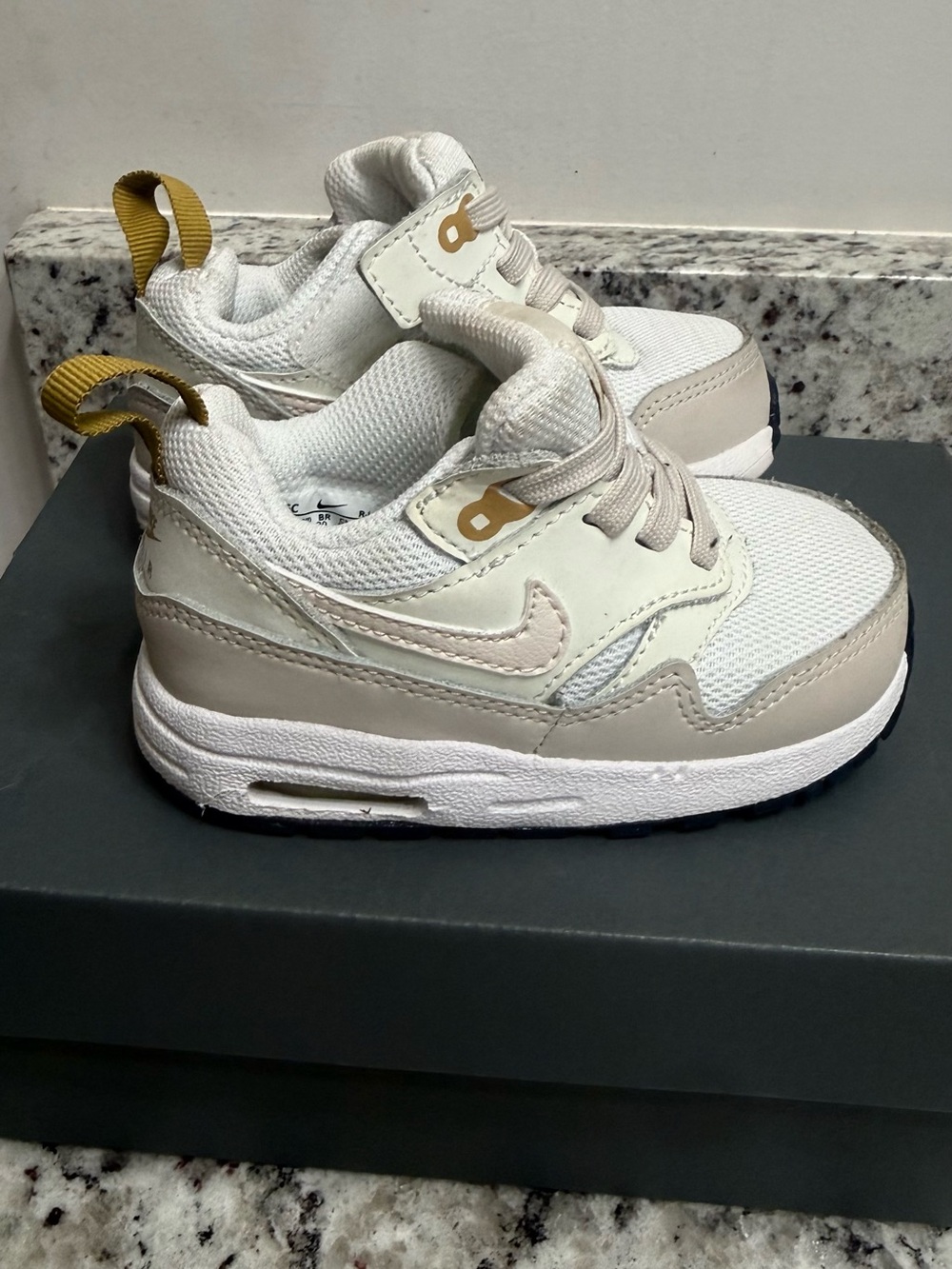 Kids White and Beige Athletic Sneakers with Pull Tab